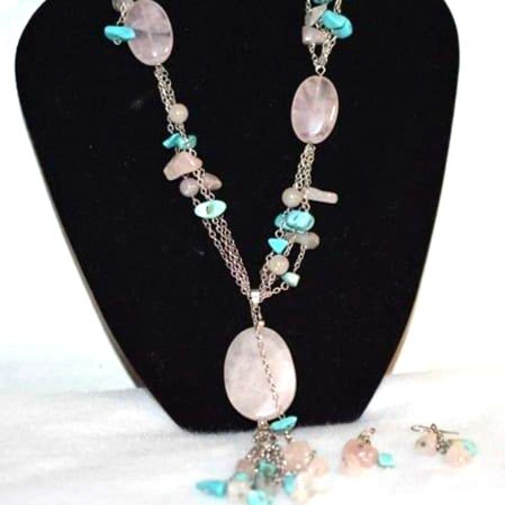Beach Party Fun Lt. Pink Faux Turquoise Stones/Beads Set Hook Earrings/Necklace